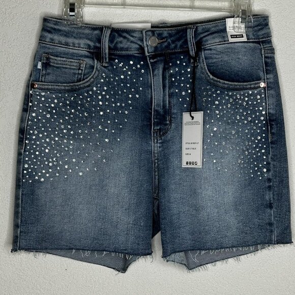Judy Blue Jean Shorts Womens Medium Blue Denim High Waist Studded Fringed Hem - Picture 1 of 10